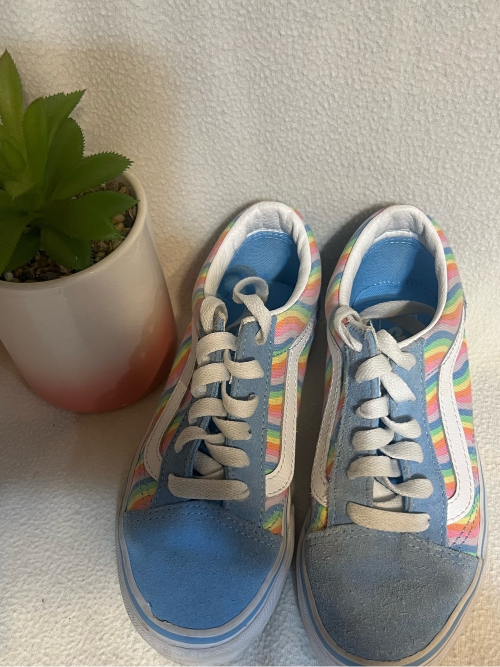 Vans Kids Old Skool Sneakers with Rainbow Stripes and Blue Suede Toe